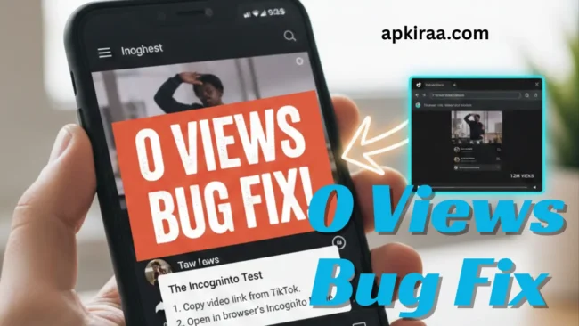 : A person holding a smartphone showing a "TikTok 0 Views Bug Fix" guide with a tutorial on how to use the Incognito Test to verify video uploads
