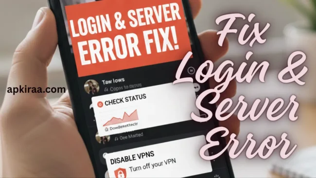 A smartphone screen displaying a TikTok login error fix including server status checks and instructions to disable VPNs for a successful login.