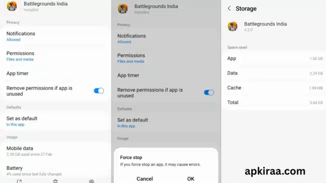 Clearing the Battlegrounds Mobile India app cache in Android settings to resolve server timeouts.