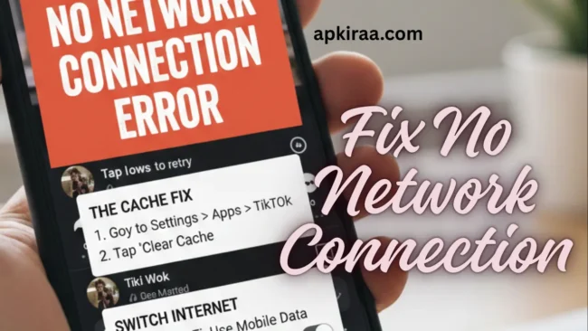 Troubleshooting guide for TikTok network connection errors showing step-by-step instructions to clear app cache and switch internet connections.