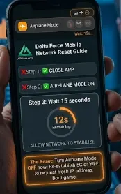 Solved: Delta Force Mobile Gateway Connection Timed Out Error Fix 7 Delta Force Mobile gateway timeout fix infographic showing Airplane Mode IP address reset steps and network refresh process for Android and iOS on apkiraa com
