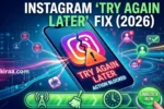 Featured graphic for Instagram 'Try Again Later' fix guide showing broken app logo and warning signs.