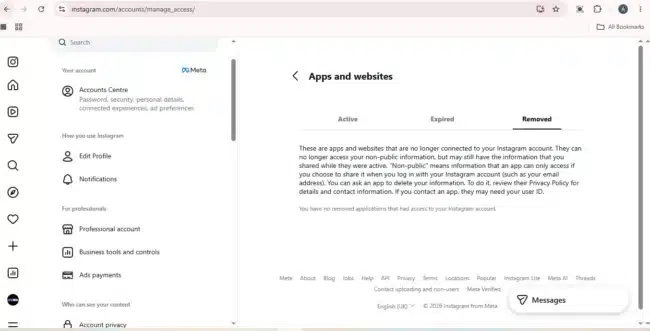 Remove Connected Apps Instagram API Fix: How to Stop Re-Suspension Loops (2026) 10 Instagram settings screen showing Active Expired and Removed tabs for connected third party apps