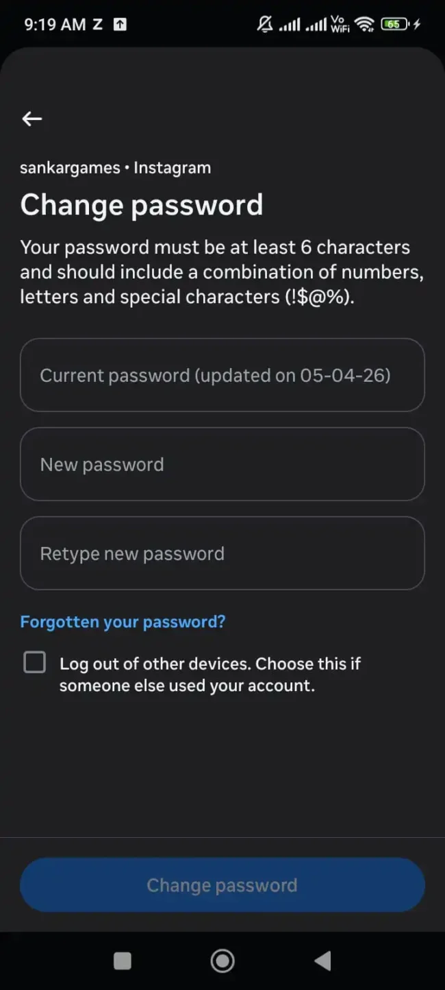 Instagram Try Again Later Error Fix: How to Unblock Your Account Fast (2026) 10 Meta Accounts Center security tab showing Change Password setting to clear instagram try again later error fix tokens