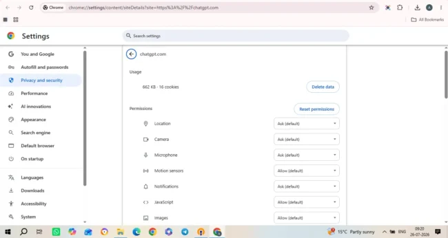ChatGPT An Error Occurred Fix: How I Solved Response & Network Loops (2026) 8 Opening site settings on Chrome browser to execute chatgpt an error occurred fix by clearing cookies 1