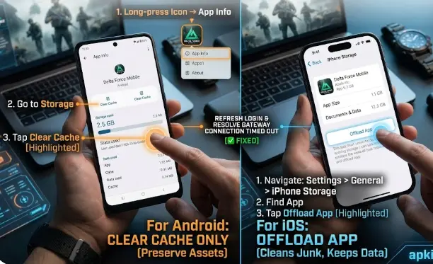 Solved: Delta Force Mobile Gateway Connection Timed Out Error Fix 8 Side by side guide for clearing Delta Force Mobile cache showing the App Info Clear Cache settings screen on Android and the iPhone Storage Offload App settings screen on iOS on apkiraa com